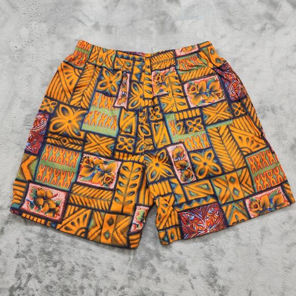 Vintage Sunset Highway Swim Trunks Mens M Orange Tribal Floral Surf Lined Shorts - Picture 2 of 10